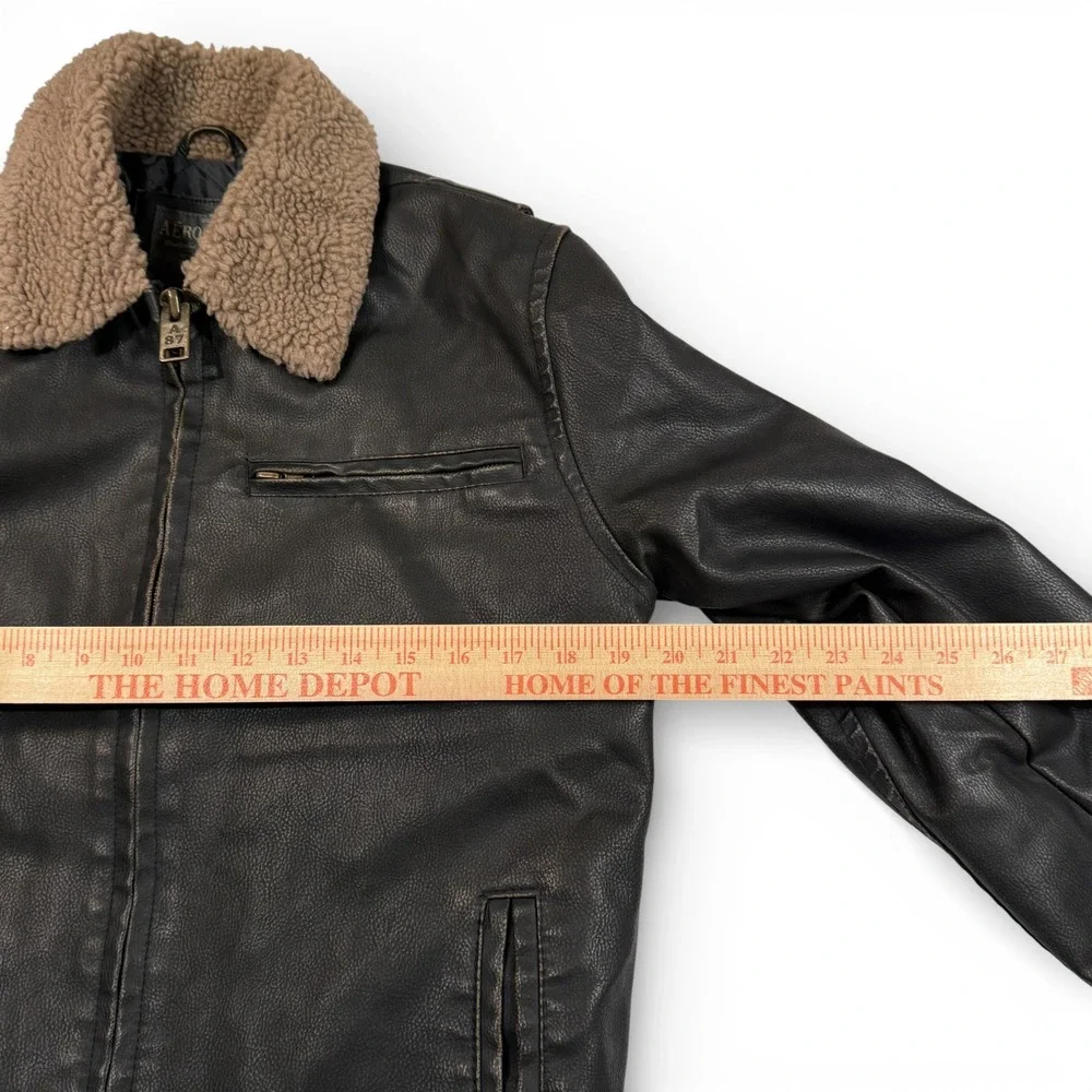 Aeropostale Faux Vegan Leather Jacket Sherpa Collar Brown Mens Small Bomber‎